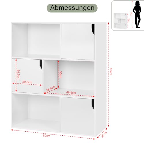 eSituro Bücherregal weiß Standregal bücherregal mit 3 Türen und 6 Fächern Würfelregal Kinder Büroregal freistehend Aufbewahrungsregal für… – Ansicht 3