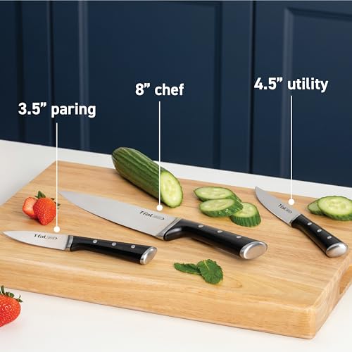 Image of T-fal Ice Force German Stainless Steel Chef knife, Utility knife, Paring knife, 3 Piece, Long Lasting Sharpness, High Cutting Precision, Superior Durability, Ultra Sharp, Cookware Kitchen Knife, Black