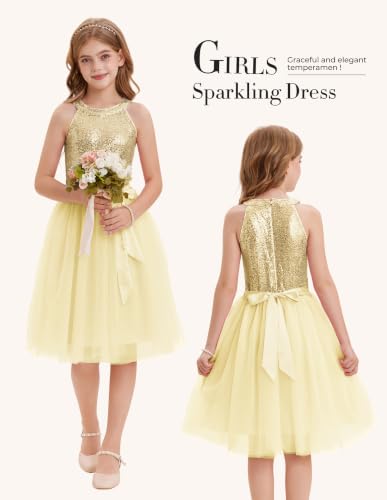 GRACE KARIN Girls Sequin Dress Halter Sleeveless Tulle Princess Party Wedding Flower Girl Dresses Size 10,Champagne Gold — view 4