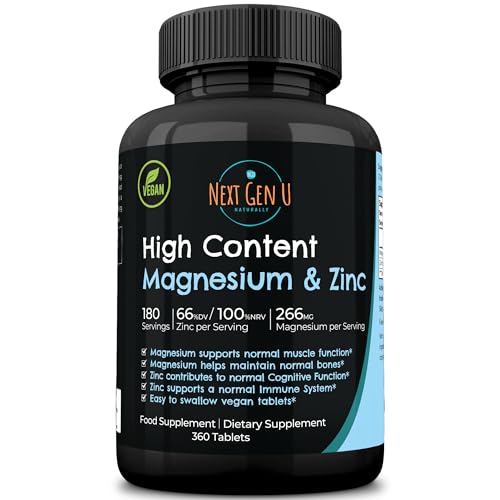 Magnesium & Zinc - Dietary Food Supplement - 360 Vegan Tablets, 266 mg Magnesium Oxide and 10 mg Zinc Gluconate Complex Blend - May Support Bone, Cognitive & Immune Health - by NextGenU