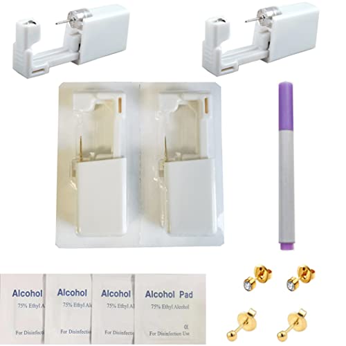 Trrut 4 Pcs Disposable Ear Piercing Gun,Self Ear Piercing Gun Kit with Earrings,Marker Pen(Gold+Gold Ball)