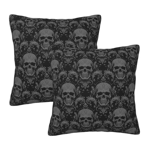 NUFJXTGN 2Pcs Halloween Gothic Skull Black Throw Pillow Cover Decorative Square Cushion Case for Sofa Couch Bed Pillow Case for Living Room Home Decor 18X18