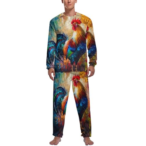 Rooster Art Painting Men's Pajama Set Long Sleeve Sleepwear Loungewear Comfy Pj Sets