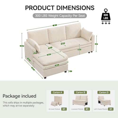 Image of 85 inch Sectional Couches with Left Chaise, Comfy Deep Dual-Layer Cushion Couch, 4 Seater L Shaped Couch, Modern Modular Sofa, Chenille Sofas for Living Room, Apartment, Beige