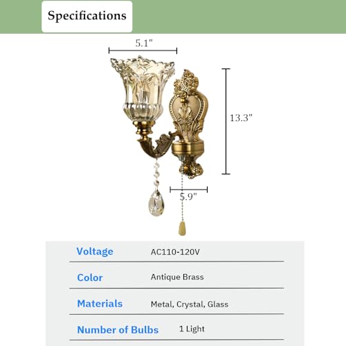 Image of Vintage Wall Sconce Set of 2, Antique Brass Wall Light with Pull Chain On /Off Switch, Elegant Wall Mounted Lamp with Crystal Bedside Wall Lamp for Entrance, Bedroom, Hallway
