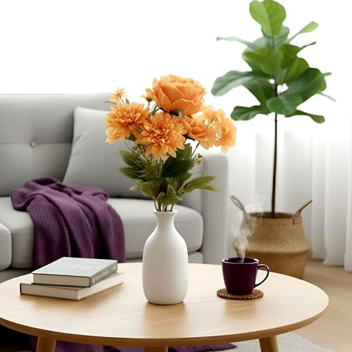 Image of Artificial Flower Bouquet - Orange Silk Roses, Peony & Mixed Flowers with Green Leaves | Realistic Faux Floral Arrangement for Home Decoration, Wedding, Party & Gift