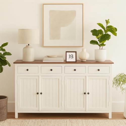 Image of Solid Wood Madrid (L) Sideboard for Living Room | Kitchen Storage Cabinet | Crockery Storage Unit | Storage Cabinet (Finish- Natural and Premium Pearl White Distressed Edge)