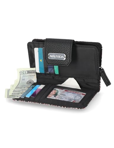 Image of Nautica Womens, Close Reach Vegan Leather RFID Wallet, Small Credit Card Holder Purse with Zipper Coin Pocket and ID Window in Black Jacquard