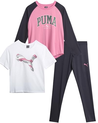Image of PUMA Girls Leggings Set - 3 Piece Athletic Pullover Long Sleeve Shirt, Top, and Leggings Active Wear Set for Girls (S-L)