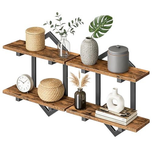 HOOBRO Floating Shelves, 15 Inch Wall Shelf Set of 2, Wall Mounted Storage Shelves 2-Tier, Hanging Bathroom Shelves, for Living Room, Bedroom, Bathroom, Kitchen, Rustic Brown and Black BF13B