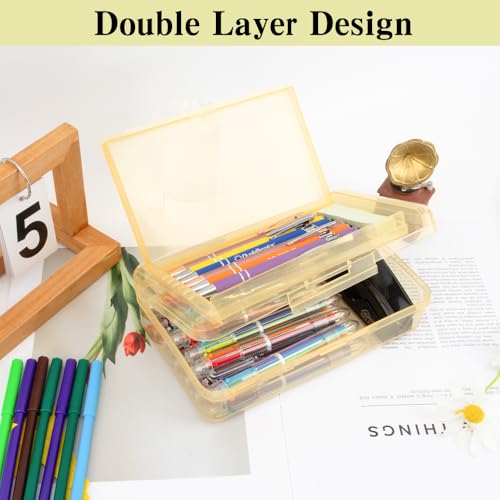 Image of Pencil Case Box, Yellow Double Layer Large Capacity Plastic Pencil Boxs, Clear Hard Pen Case with Snap-tight Lid,Storage Art Craft Box Marker Organizer for Kids Boys Girls Offices School Supplies