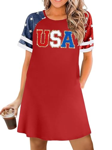 Image of YI XIANG RAN 4th of July Dress Women: American Flag Dresses USA Stars Stripes Shirt Patriotic Tshirt Summer Sundress