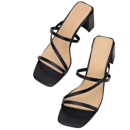 Lryweisy Strappy Sandals Women 2.3 Inch Chunky Block Heels Square Open Toe Slip On Slides Comfortable Dressy Shoes2