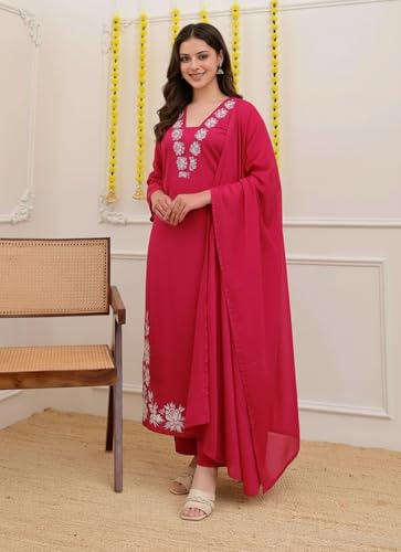 Image of ANNI Designer Pure Cotton Embroidered Kurta Set for Women | Rust Orange Kurta with Pants & Dupatta | Floral Neck & Hem Embroidery | Cotton Kurta Set for Women | 10 Colour Options Available
