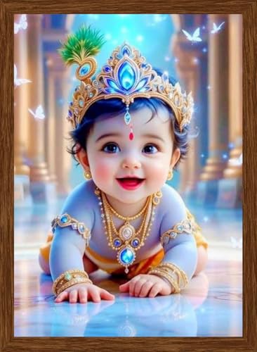 Image of DIVARTH Baby Krishna Picture for Pregnant Women (With Frame) Spiritual Kanha Ji Wood Wall Poster for Home Temple Decor, Framed Art Gift for Room Decoration 10x13 (Brown)