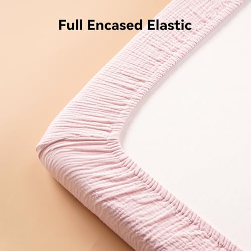 Image of TILLYOU Muslin Mini Crib Sheets 2 Pack, Pack and Play Mattress Sheets Fitted for Pack N Play, 38 x 26 Sheet for Toddler, Grey and Pink