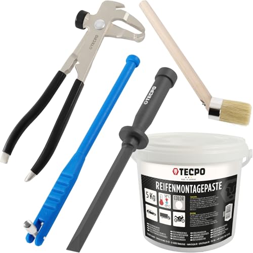 TECPO Set di riparazione pneumatici da 5 pezzi, peso bilanciato, pinza per rimozione valvole pneumatici, peso adesivo, raschietto in plastica, 19 mm, pasta per montaggio pneumatici 5 kg, colore bianco