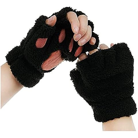 gfdrt Womens Cat Paw Fingerless Gloves Ladies Girls Cute Gloves Mittens Cute Cartoon Animal Claw Half Finger Soft Plush Gloves Fleece Gloves, Black, One Size Cover