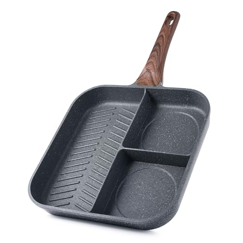 Image of Sensarte Nonstick 11-Inch Square Grill Pan, 3-Section Versatile Breakfast Skillet, Die-cast Aluminum, PFOA, PFOS, APEO Free, Induction, Gas, Electric, Glass, Ceramic