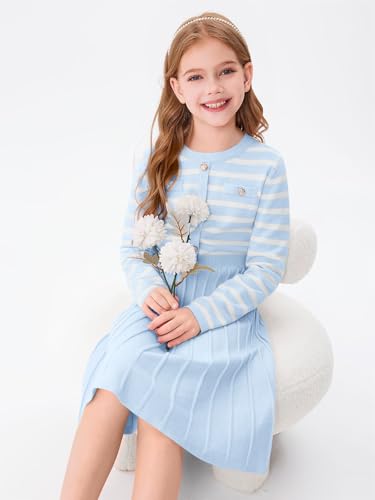 Haloumoning Girls Sweater Dress Knit Long Sleeve Striped A Line Pleated Fall Winter Dresses 5-14 Years2