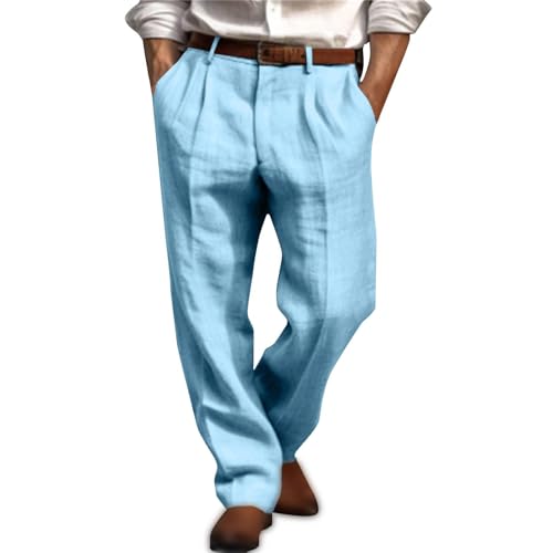 Mens Casual Linen Pants Straight-Leg Breathable Trousers Loose Fit Comfy Yoga Pants Lightweight Simple Beach Trousers