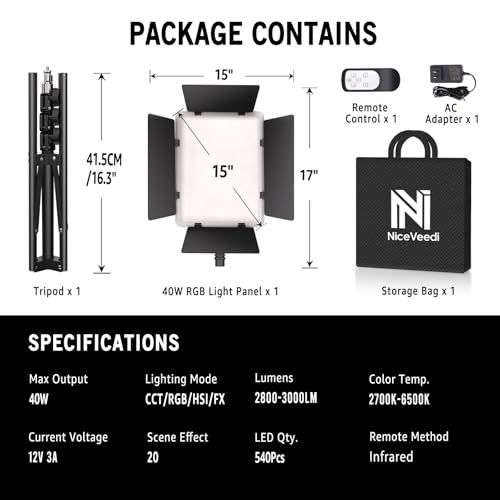 NiceVeedi 40W RGB Photography Lighting with 20 Effects, 360° Full Color/2700-6500K Studio Lights with Remote & Display, Lighting for Video Recording/Photography/Streaming/YouTube/TikTok/Content Creat - image 8