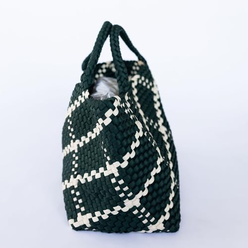 Image of State of Bliss Large Neoprene Dark Green and White Woven Hobo Tote with Top Handle - Lightweight and Spacious Designer Lookalike Tote Bag for Travel, Work, and Everyday