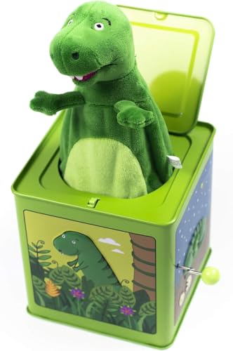 Image of Jack Rabbit Creations Dinosaur Jack in the Box, Musical Tin, Plush Pop-Up, Plays Twinkle Twinkle Little Star, Cause and Effect, Dinosaur Birthday Gift, Ages 3+