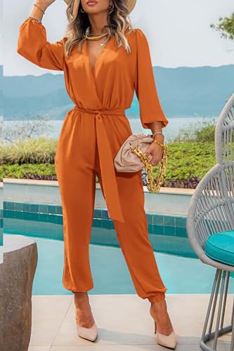 PRETTYGARDEN Women's Fall Jumpsuits Dressy Casual Pants Romper Spring Long Sleeve V Neck Belt Pockets One Piece Outfits
