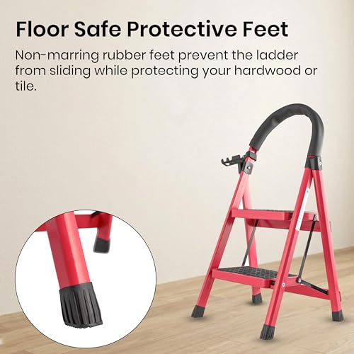 Image of Norman Jr Red 2 Step Ladder for Home Use with Built-in Tool Tray | Heavy Duty D Shape Rods | Ultra Large Platform | Wide Rubber Feet | 150Kg Capacity Foldable Ladder - 7 Years Warranty