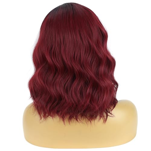 Image of BERON 14 Inches Women Burgundy Ombre Wigs Girls Short Curly Bob Wavy Wig Wine Red Body Heat Resistant Synthetic Cosplay Daily Wigs