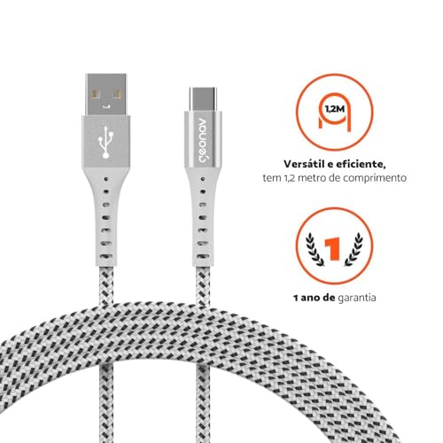 Geonav Cabo USB-A para USB-C, 1.2 metros, nylon trançado, resiste até 10 mil dobras, carregamento rá