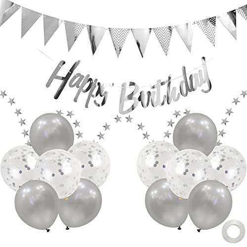 Geburtstag Dekoration Set,Silber Happy Birthday Banner Set mit Silber Luftballons Konfetti Ballons Dreiecksflaggen Girlanden für Kindergeburtstag Deko Party Supplies Cover