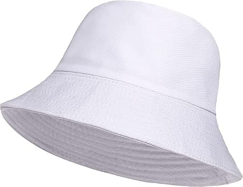 Image of HAJRA® Unisex Girls Boys Bucket Hat Reversible Cotton Fishing Hats for Outdoor Travel, Camping, Hiking, Traveling, Baseball Cap, Football Summer Beach Sun Hat Plain Colours Size 54 cm (White)