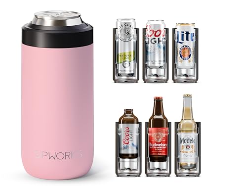 Sipworks Universal Can Cooler - Fits All - Insulated Slim Can Cooler for 12 oz Regular or Slim Cans & Bottles - Double-Walled Stainless Steel Skinny Can Cooler | Flamingo