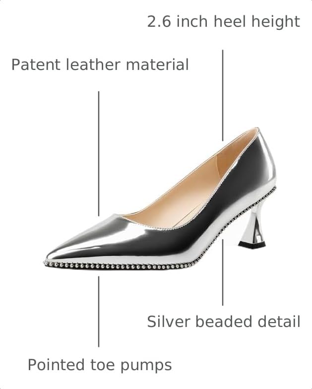 Image of TNYNFBEB Womens Kitten Heel Pointed Toe Pumps Slip-on Sliver Beaded Prom Wedding Dress Basic Classic Patent Leather Summer 2.6 Inches Heels