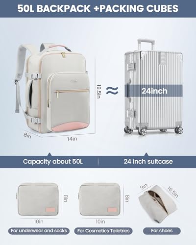 Image of LOVEVOOK 50L Travel Backpack Flight Approved Carry on Backpack,3 Packing Cubes,Waterproof Personal Item Travel Bag,TSA Carry on Luggage Suitcase Travel Essentials,Gifts for Women & Men,fits 18 inch Laptop