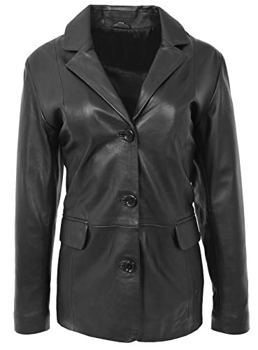 Veste Janet noir cuir véritable femme trois boutons manteau mi-saison