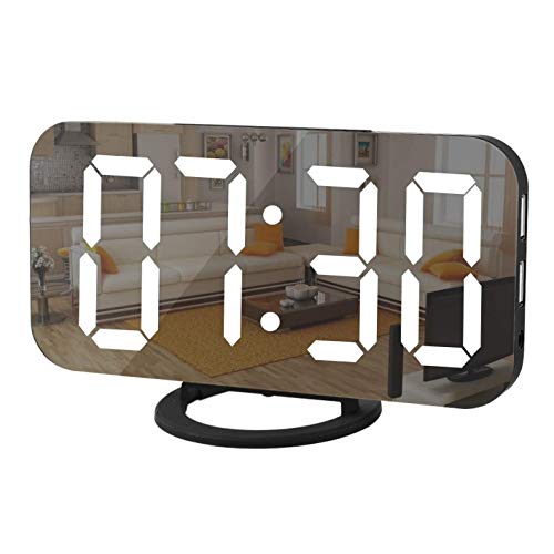 Lnfxkvva Reloj despertador digital, pantalla LED de espejo grande, cargador USB, función de repetición, modo de atenuación junto al reloj de escritorio para dormitorio, color negro