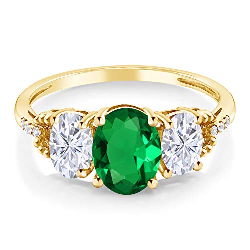 Gem Stone King 10K Yellow Gold Green Simulated Emerald White Moissanite and Diamond Accent 3-Stone Ring For Women | 1.79 Cttw | Oval 8X6MM and 6X4MM | Available In Size 5-9.53