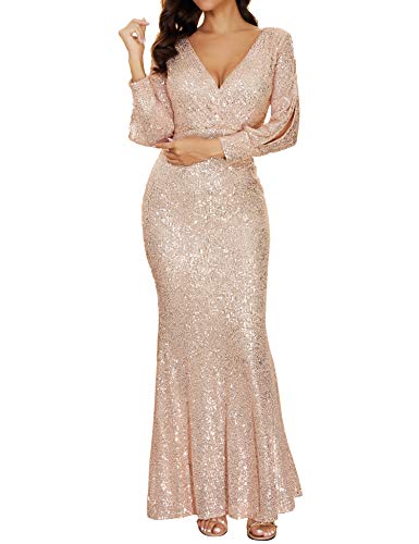 Image of Women's V Neck Long Sleeve Glitter Sequins Mermaid Evening Gown Dress