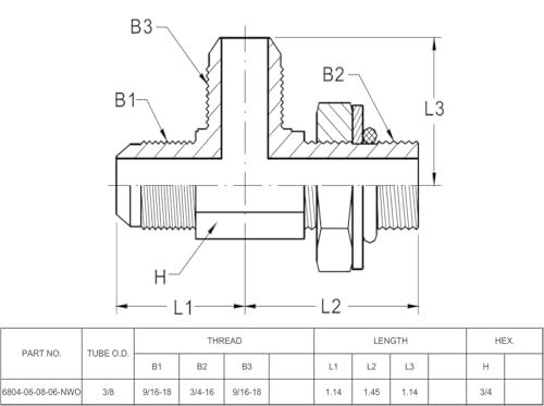 Image of (2-PACK) 6804-06-08-06-NWO HydraulicHose AdapterFittingRunTee3 /8 inchMaleJIC37(9 /16 inch-18UNF)x1 /2 inchMale AdjustableO-RingBoss(3 /4 inch-16UNF)x3 /8 inchMaleJIC37(9 /16 inch-18UNF)PipeJointsConnectorCarbonSteel