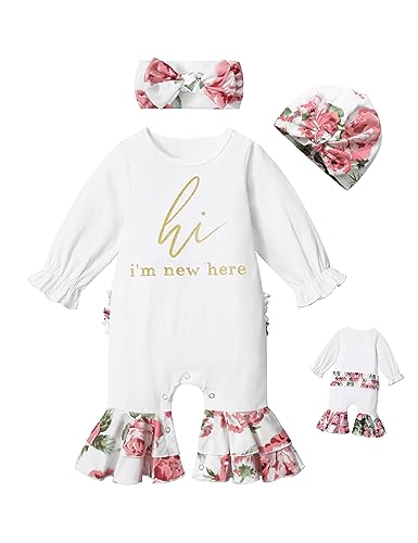 Image of AGAPENG Newborn Girl Clothes Ruffle Letter Print Romper Infant Bell Bottom Jumpsuit Boho Baby Girl Clothes with Headband Hat
