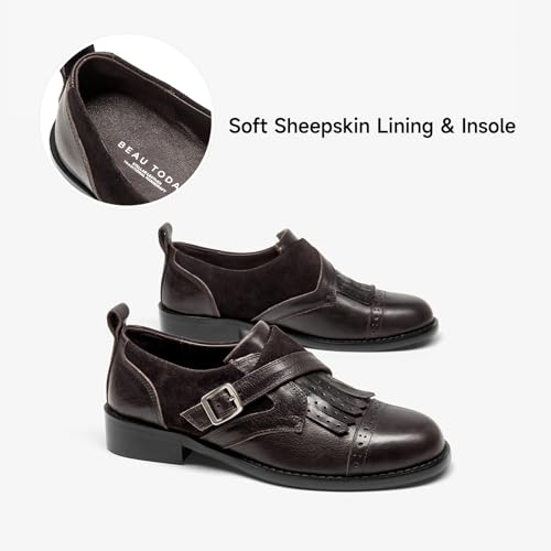 Image of BEAU TODAY Women's Leather Loafers, Wingtip Brogue Monk Strap Shoes | Genuine Leather, Round Toe, Low Heel, Metal Buckle, Non-Slip, Comfortable Business Casual Flats for Work and School