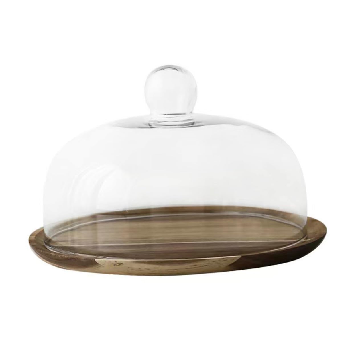 CLISPEED Bandeja de Madera Acacia 25 Cm Cúpula de Vidrio Transparente, Soporte para Pasteles y Postres, Bandeja de Exhibición para Repostería, Adecuado para Cocina y Eventos