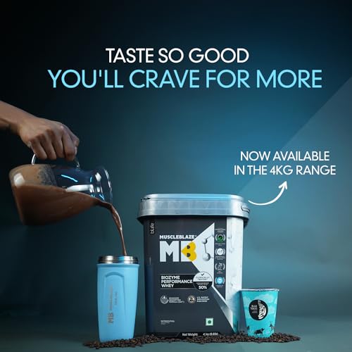 Image of MuscleBlaze Biozyme Performance Whey Protein Powder, Blue Tokai Coffee (4kg / 8.8lbs) & Micronised Creatine Monohydrate CreAMP Powder, Unflavoured (32 Servings, 100g) | Pack of 2