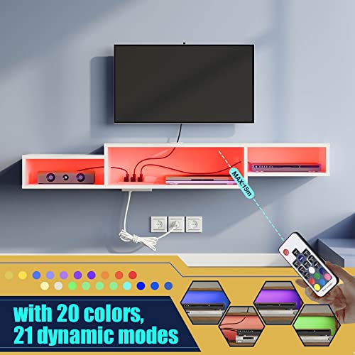 Rolanstar Tv Stand White, Floating Tv Stand With Power Outlet & Led Light, 59" Wall Mounted Entertainment Center With Storage, Media Console Shelf For Living Room, Bedroom, Under Tv Shelf #TOP5