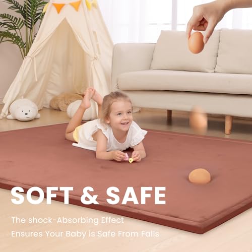 Image of Baby Play Mat for Floor,1.3 inch Thick Memory foam Tummy Time Mat,Water Repellent Soft Coral Velvet Nursery Rug,Extra Large Non Slip for Crawling,Toddlers,Infants,kids,Tatami Style for Living Room(Brick)