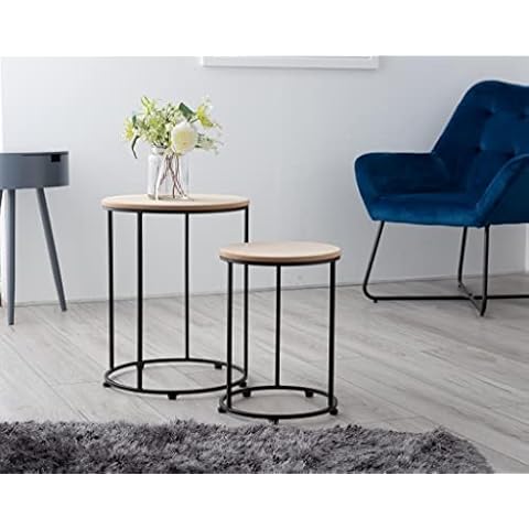 CruiseTech Set Of 2 Round Nesting Tables Natural Style Brown Living Room Coffee Side Tables Hallway Tables UK Cover