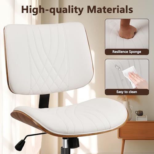 Image of CLATINA Office Desk Chair, Armless Home Chair with Wheels, Adjustable Height Reading Chair, Leather Mid Back & Swivel Computer Chair, Modern Walnut Chairs with Back for Studio Meeting Room(White)
